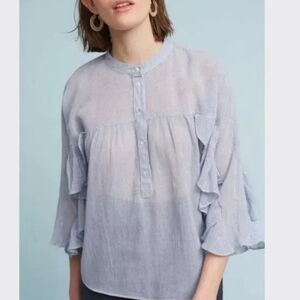 Anthropologie Maeve Ruffled Henley Popover top Blue White Stripe sz L